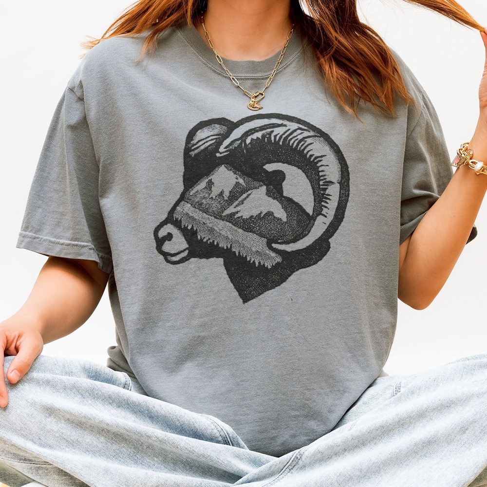 Bighorn Ram Framing Snow Peaks in His Curling Horn Tee